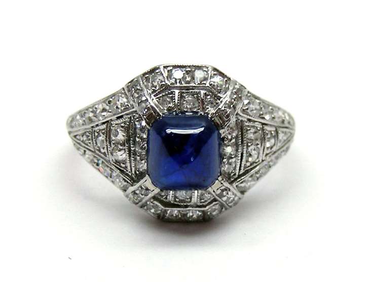 Art Deco cabochon sapphire and diamond ring